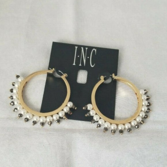 INC Gold-Tone Bead & Imitation Pearl Hoop Earrings - Picture 2 of 4